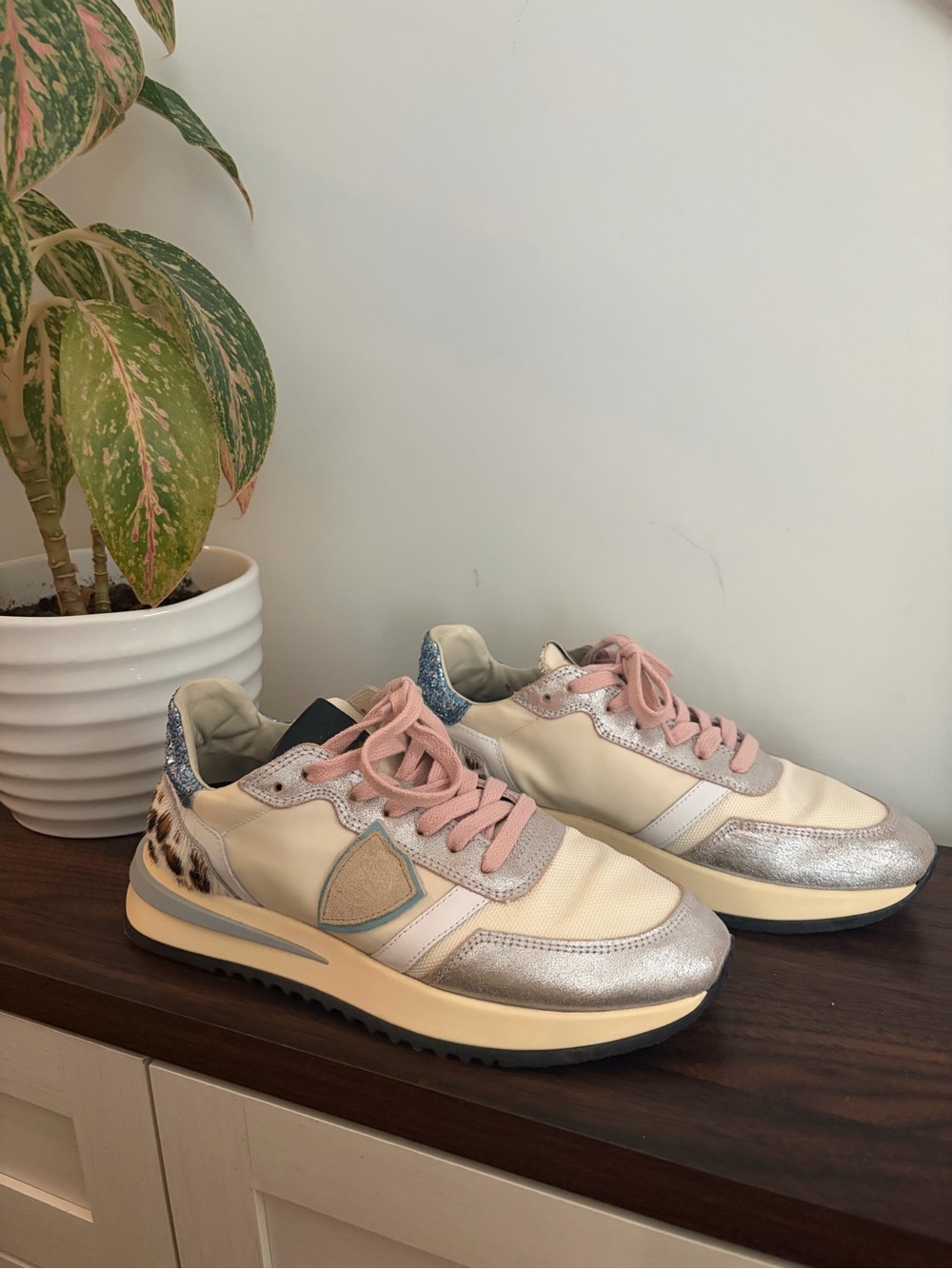 Philippe Model PRSX Low Leo Glitter Bluette Beige Leopard Sneakers 36 / US 6